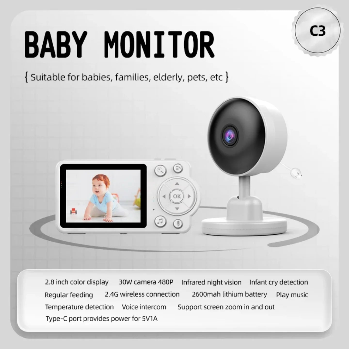 bebi monitor sa nocnim vidom, detekcijom placa i temperaturom