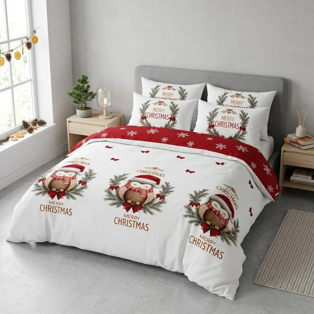 Bela novogodisnja posteljina sa natpisom Merry Christmas i praznicnim likom