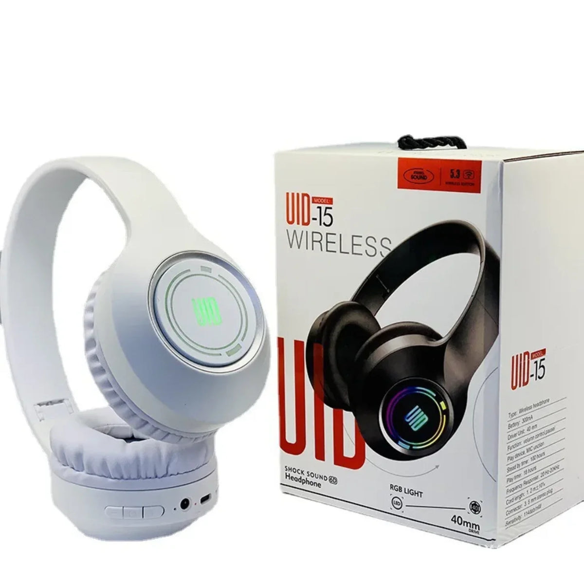 Bele bluetooth bezicne slusalice UID-15 sa RGB osvetljenjem i kutijom