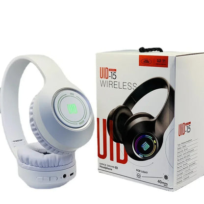 Bele bluetooth bezicne slusalice UID-15 sa RGB osvetljenjem i kutijom