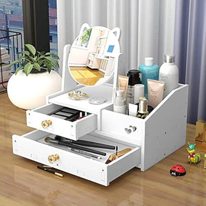 Beli kozmeticki sto sa ogledalom i fiokama, organizator za sminku, drzac kozmetike, toaletni stocic, praktican, za devojke, zene.
