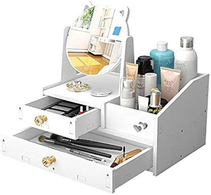 Beli kozmeticki sto sa ogledalom i fiokama, organizator sminke, kutija za kozmetiku, toaletni stocic, za devojke, zene, prakticno.