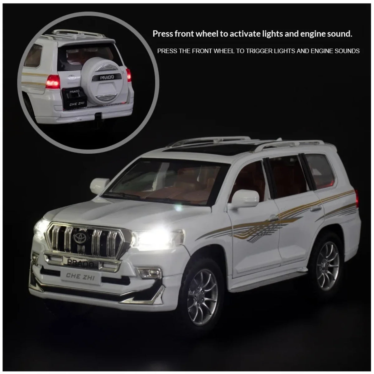 beli model toyota prado sa svetlima i zvukom aktiviranim prednjim tockom