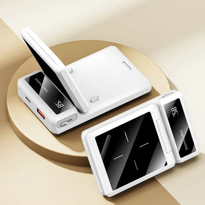 Beli preklopni power bank sa bezicnim punjacem i LED ekranom