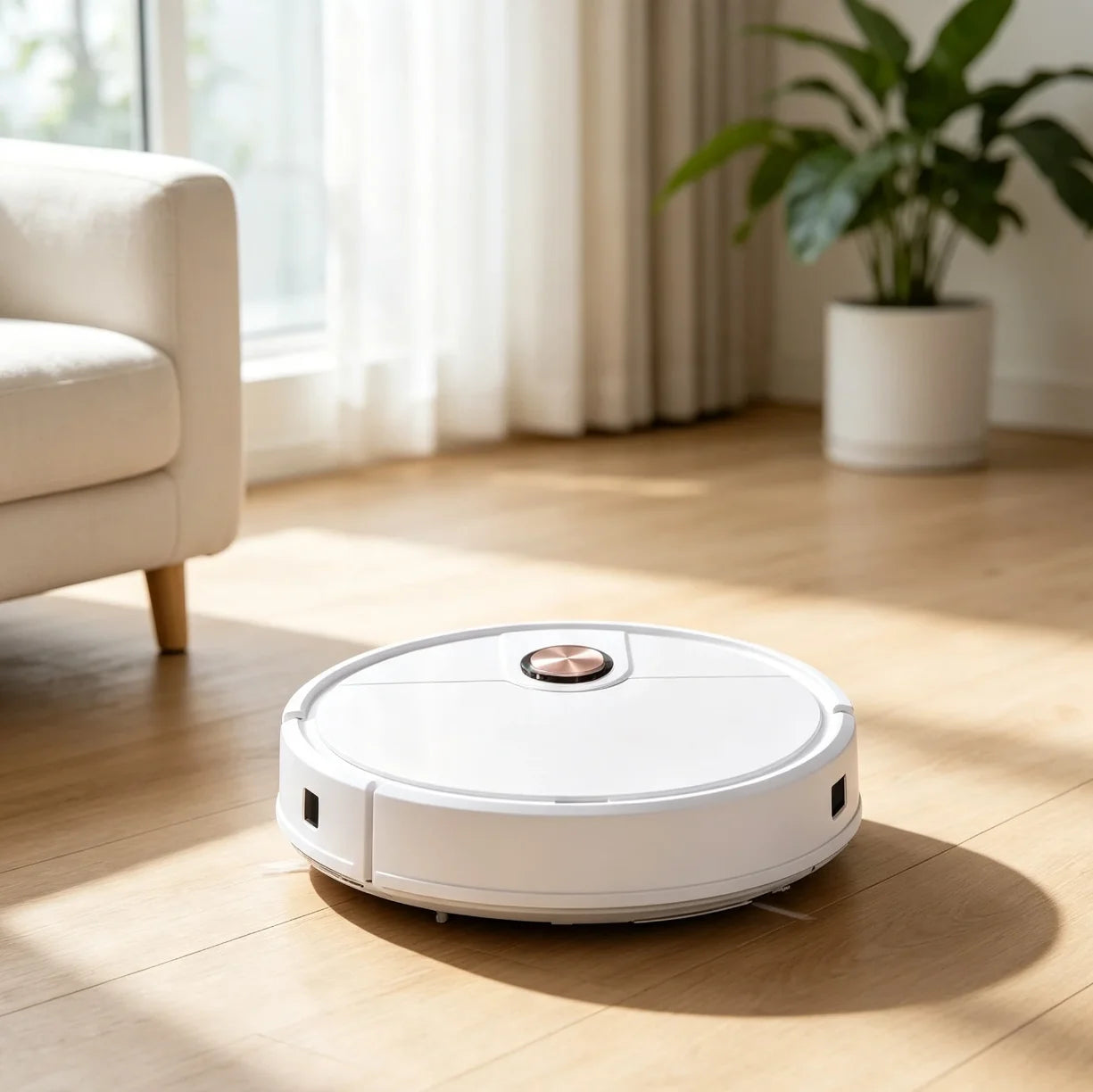 Beli robot usisivac na drvenom podu u dnevnoj sobi