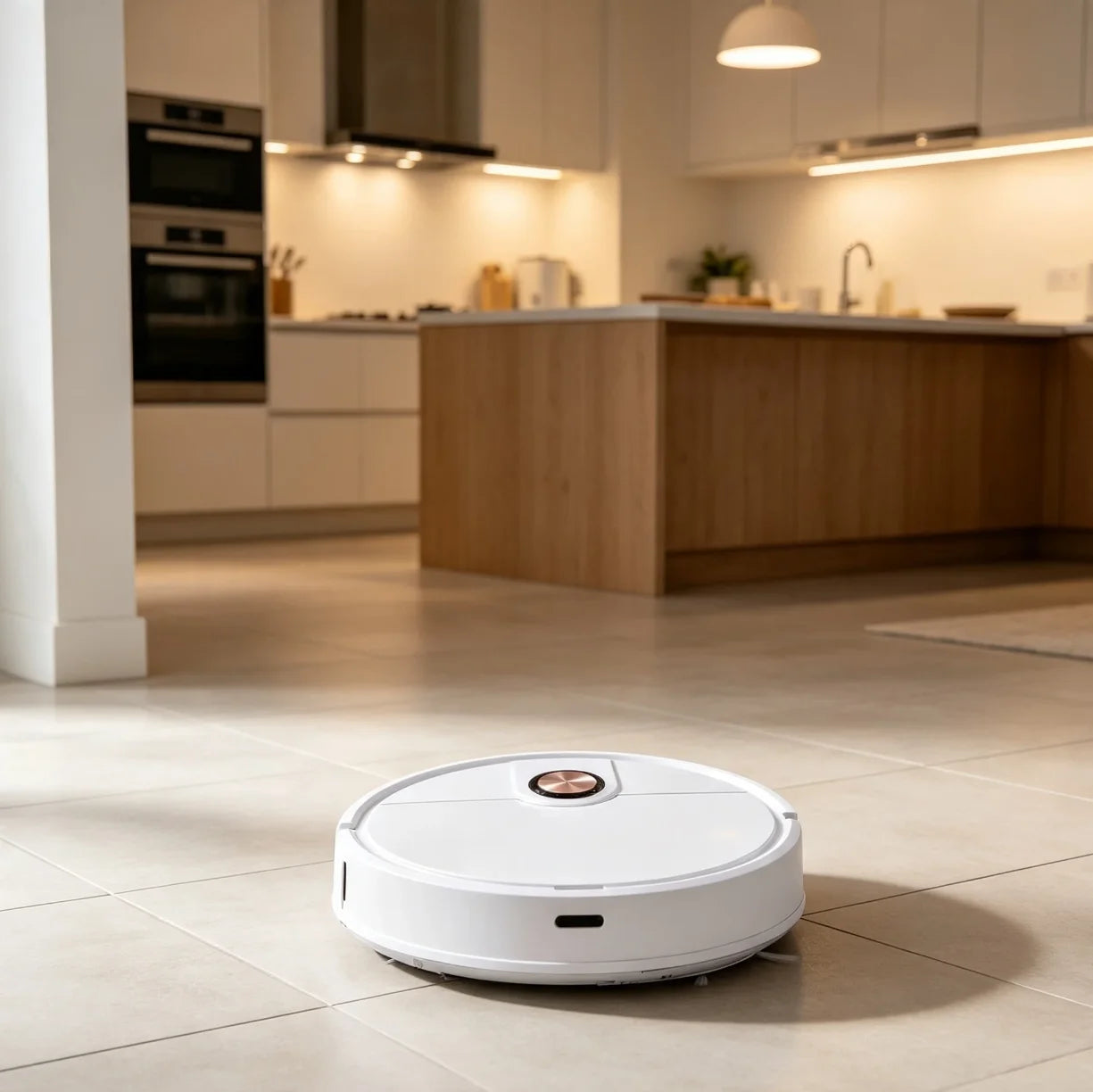 Beli robot usisivac cisti plocice u modernoj kuhinji