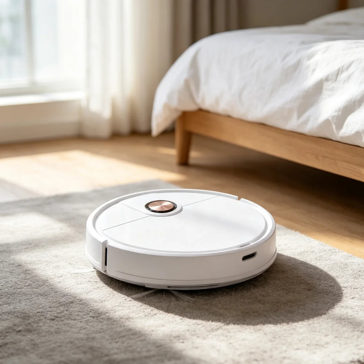 Beli robot usisivac cisti tepih pored kreveta u spavacoj sobi