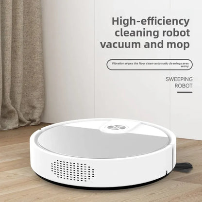 Beli robot usisivac koji usisava i brise pod u dnevnoj sobi