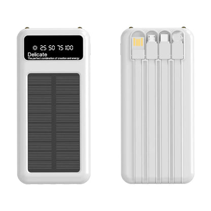 Beli solarni power bank sa displejem i ugradjenim kablovima