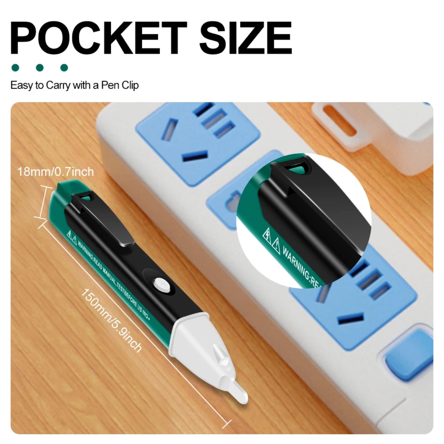 Beskontaktni ispitivac napona u dzepnom formatu sa prikazanim dimenzijama