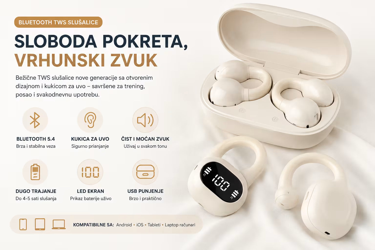 Bezicne Bluetooth slusalice sa kukicom za uvo i punjivom kutijicom za udobno svakodnevno koriscenje