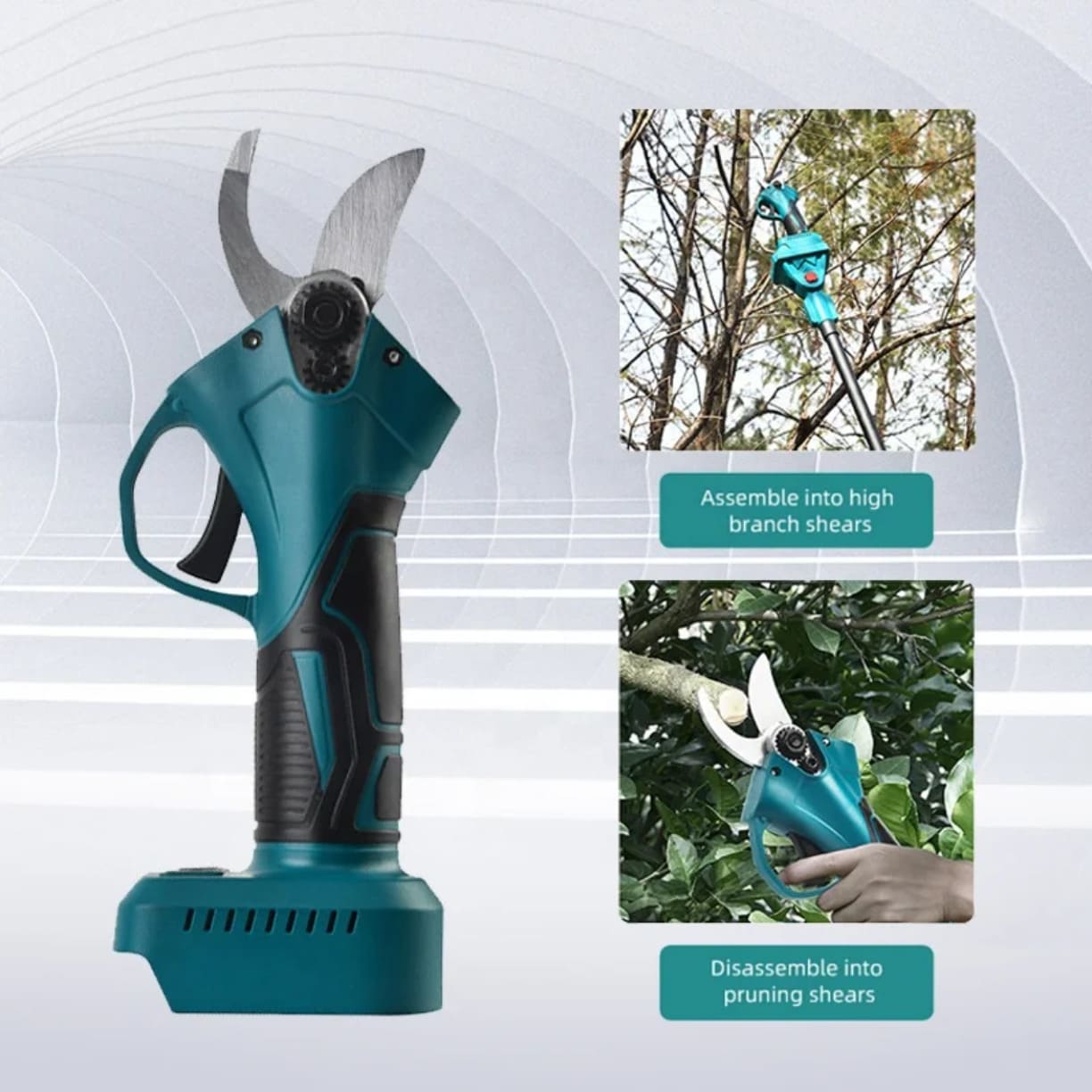 Bežične električne makaze za grane sa mogućnošću korišćenja kao teleskopske makaze za visoke grane.