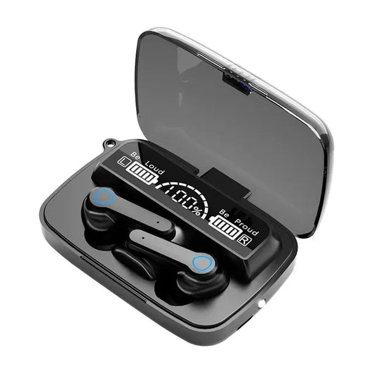 Bezicne bluetooth slusalice M19 u crnom kucistu sa LED displejem za bateriju