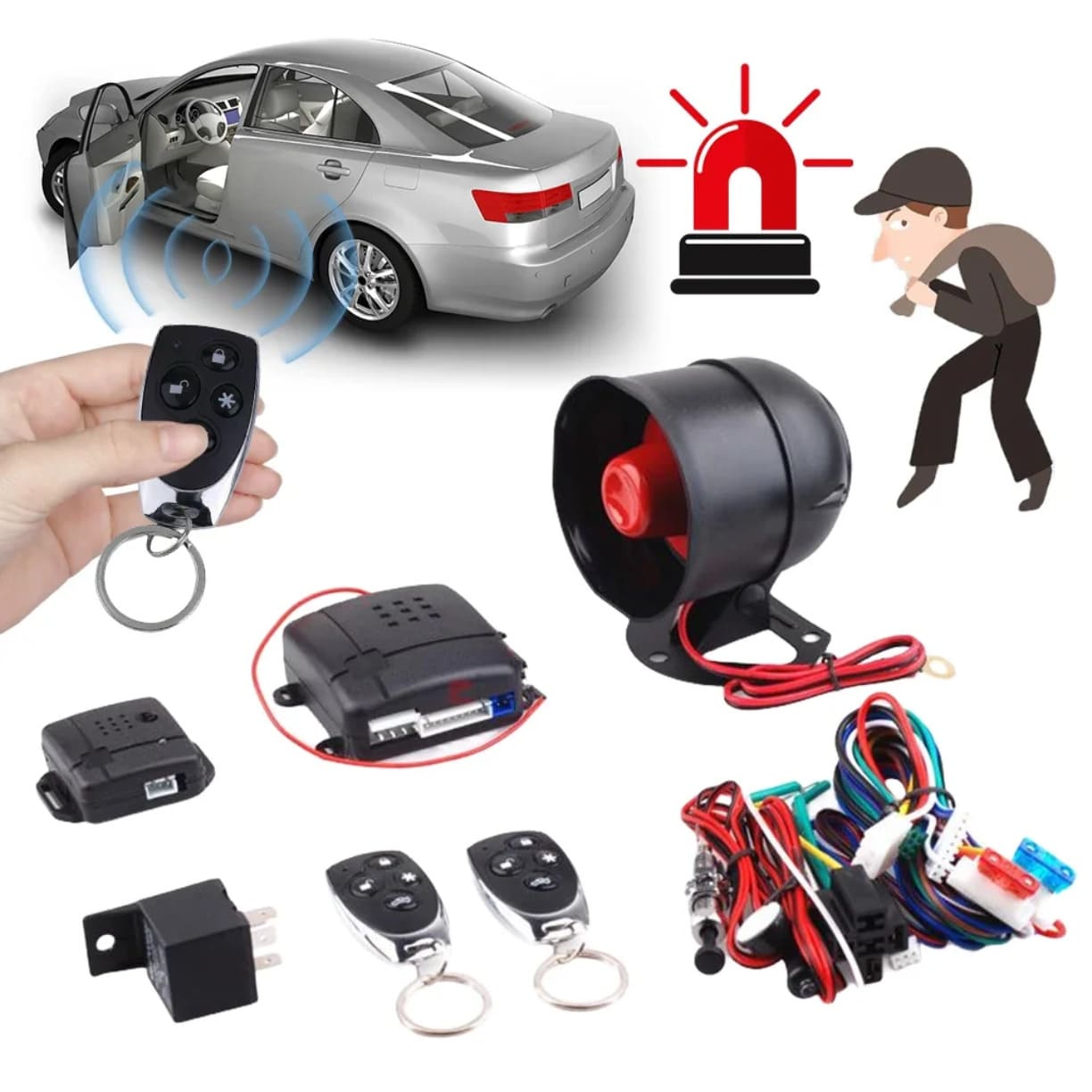Bezicni auto alarm sa daljinskim upravljacem, kontrolnim modulom i alarmnom sirenom za vozila.