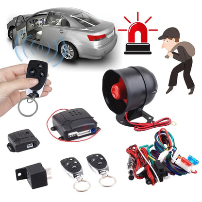 Bezicni auto alarm sa daljinskim upravljacem, kontrolnim modulom i alarmnom sirenom za vozila.