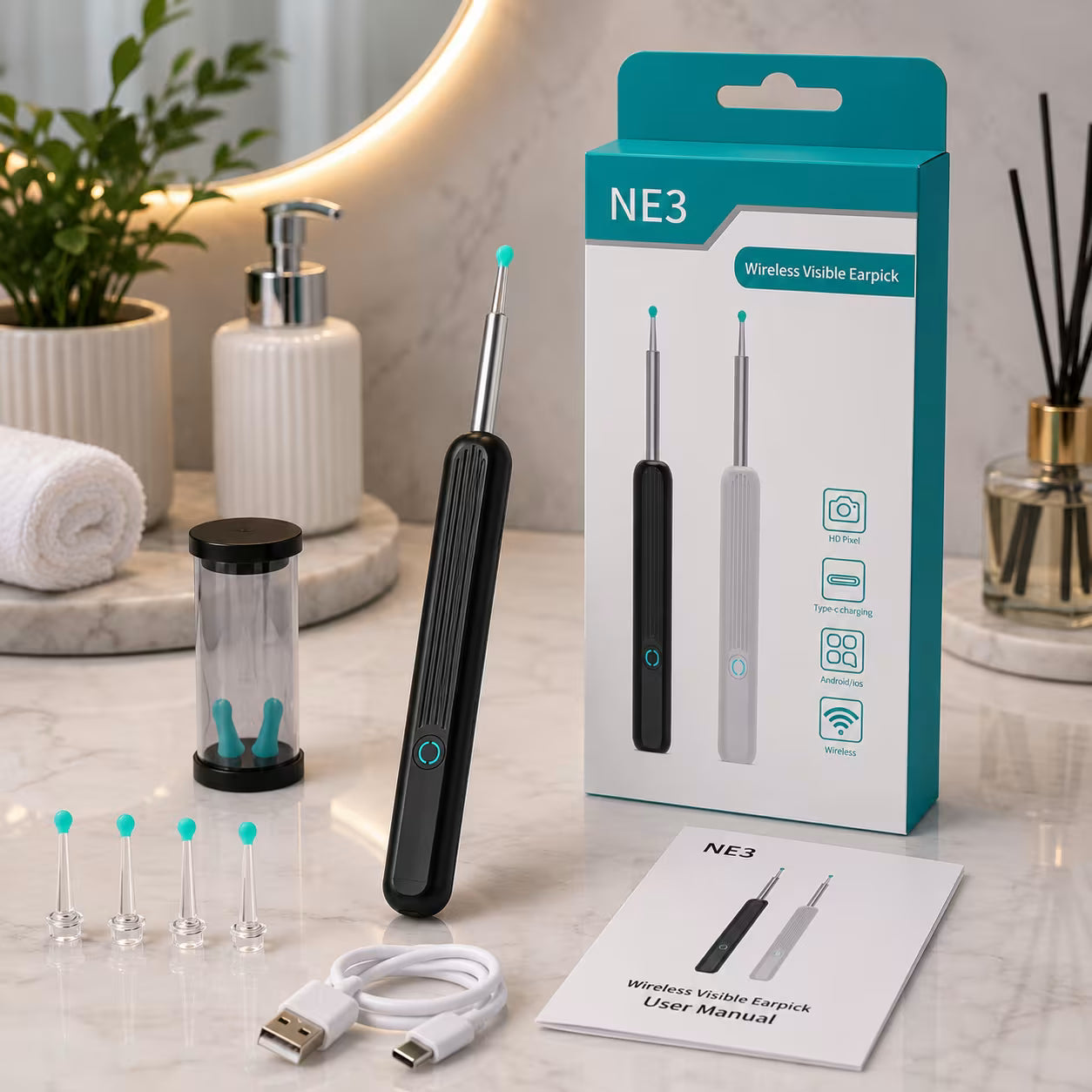 Bezicni cistac usiju sa HD kamerom, USB Type-C punjenjem i silikonskim nastavcima za bezbedno ciscenje usiju.