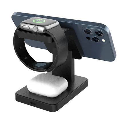 Bezicni punjac 3 u 1 za mobilni telefon, pametni sat i bezicne slusalice. Prakticno punjenje vise uredjaja istovremeno. Kompaktan dizajn.