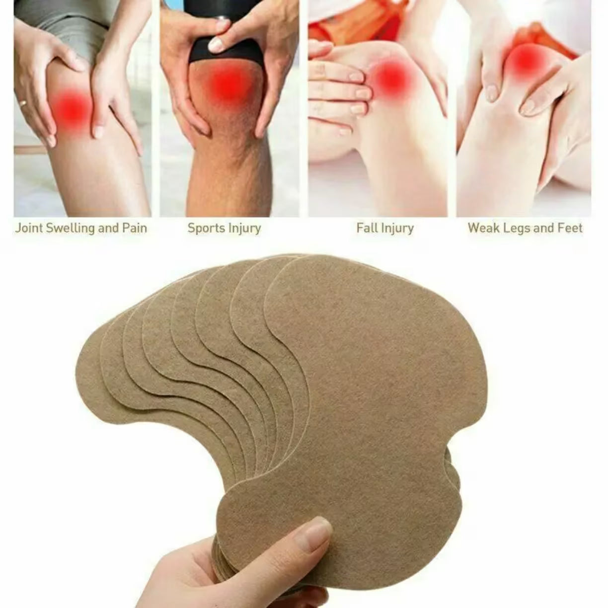 Ruka drži set ergonomski oblikovanih biljnih flastera za ublažavanje bolova i otoka u kolenima