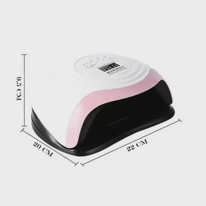 Dimenzije Blueque V7 UV LED lampe za nokte: 22 cm x 20 cm x 9.5 cm, kompaktna i mocna za profesionalnu upotrebu.