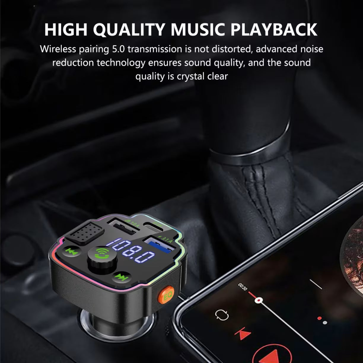 Puštanje muzike preko Bluetooth 5.0 FM transmitera sa potiskivanjem šuma na auto radiju