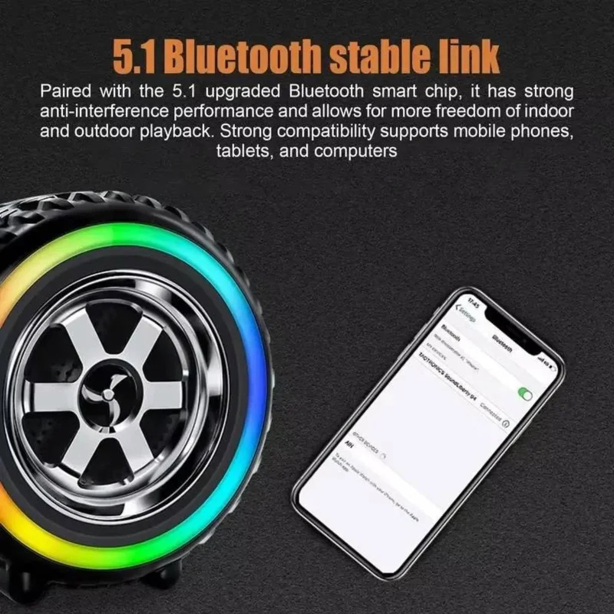 Bluetooth zvucnik auto guma sa RGB prstenom povezan sa telefonom preko Bluetooth 5.1