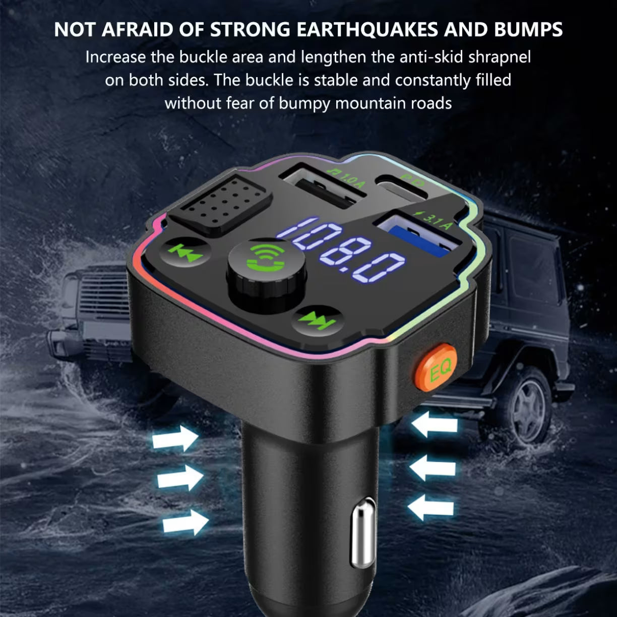 Crni Bluetooth FM transmiter za auto sa ojačanim bočnim kontaktima protiv ispadanja na neravnom putu