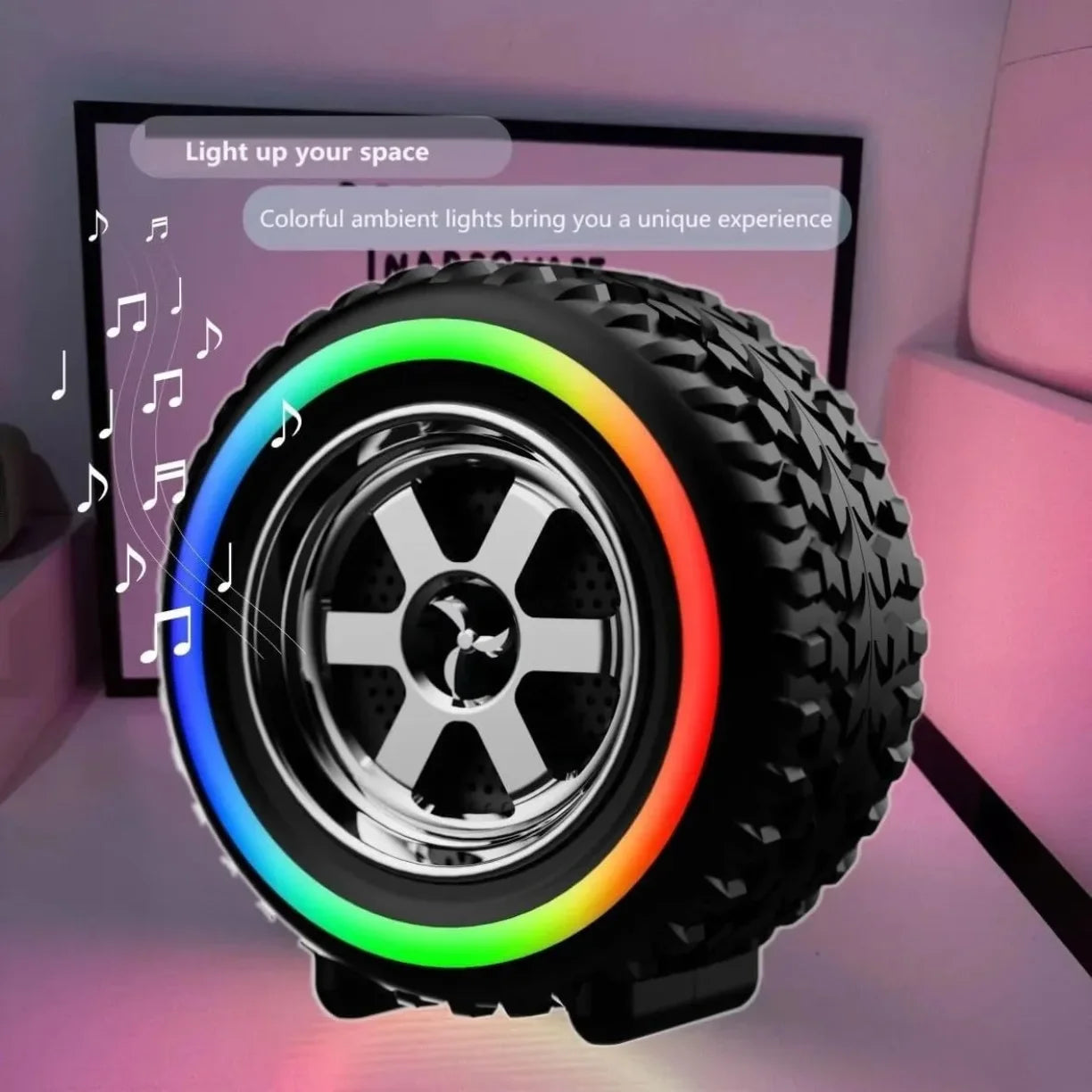 Bluetooth zvucnik u obliku auto gume sa RGB prstenom u osvetljenoj sobi
