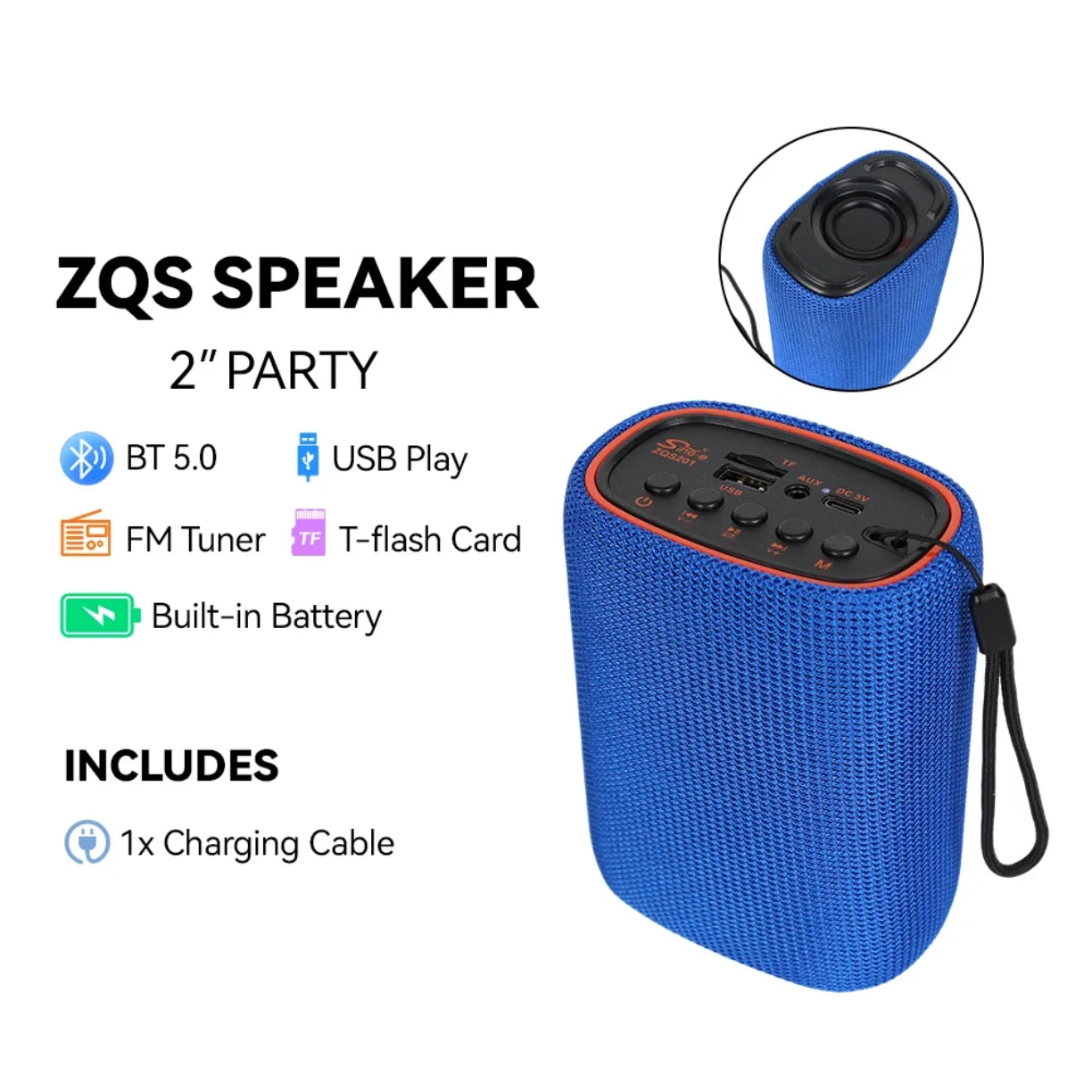 Plavi bluetooth zvucnik sa oznacenim funkcijama BT 5.0, FM, USB i TF