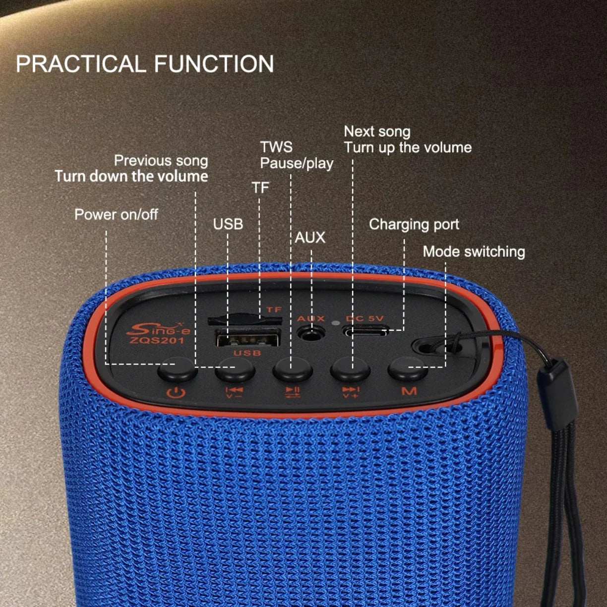 Detaljan prikaz gornjeg panela bluetooth zvucnika sa tasterima i ulazima