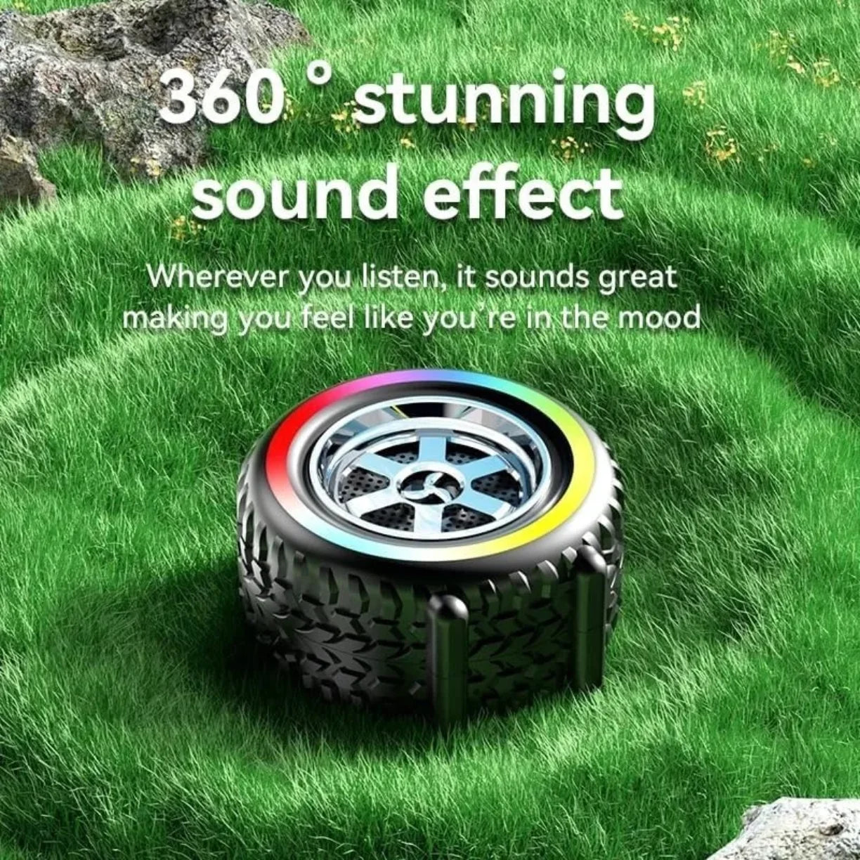 RGB bluetooth zvucnik u obliku gume na travi sa naglasenim 360 stepeni zvukom