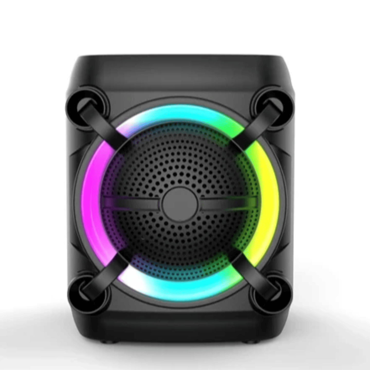 prednji pogled prenosnog bluetooth zvucnika sa rgb led osvetljenjem i okruglim zvucnikom