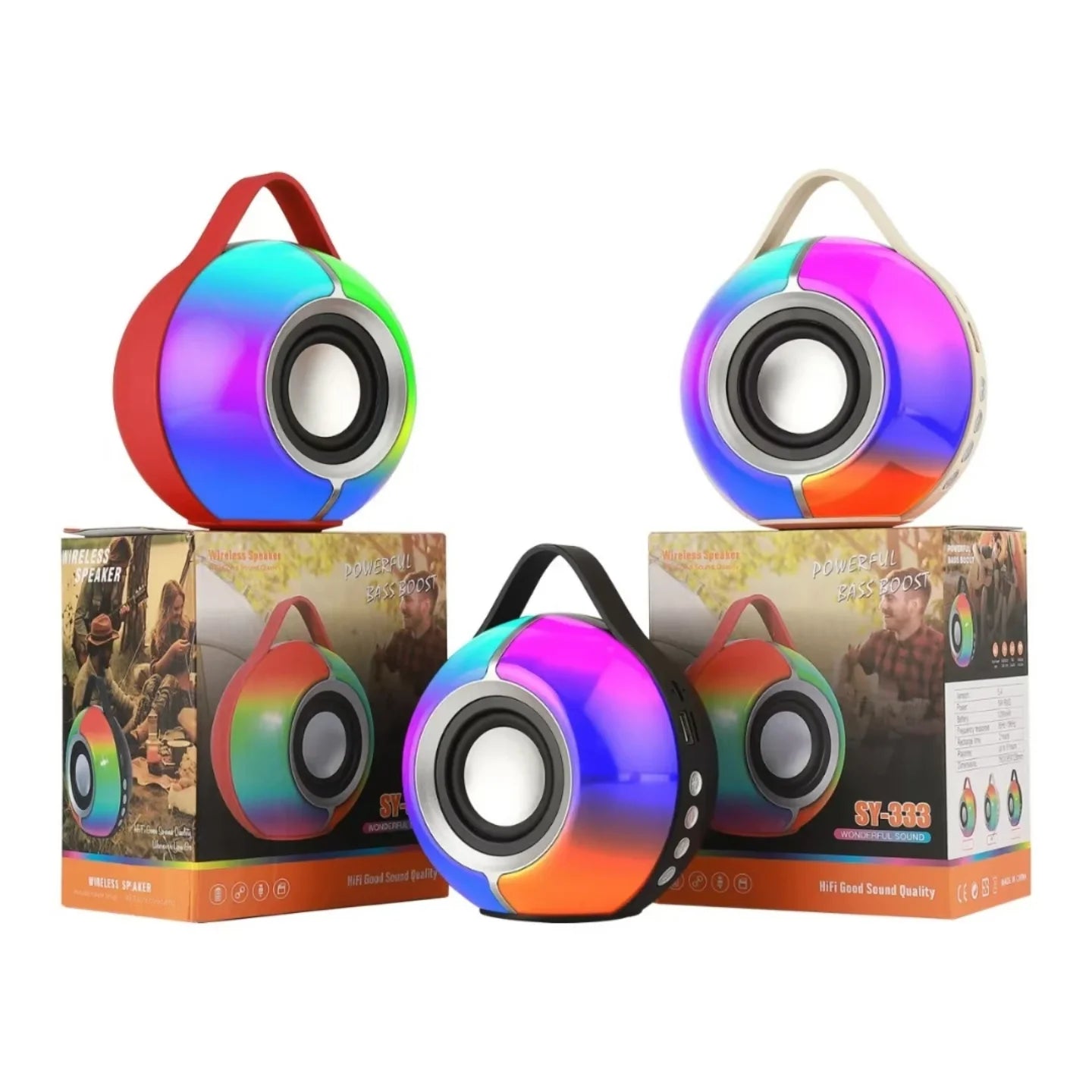 Vise boja sfericnih bluetooth zvucnika sa RGB svetlom na ambalazi