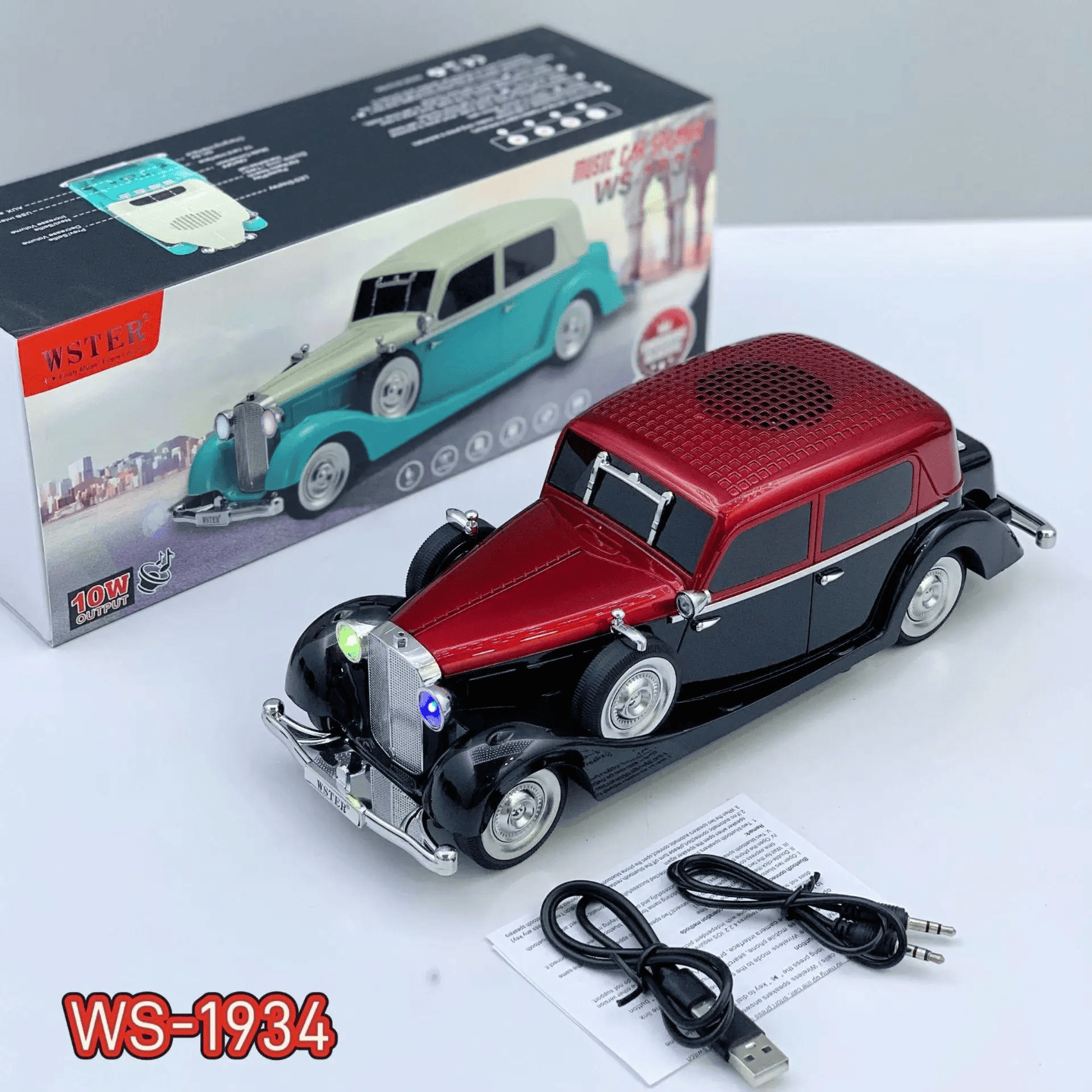 Retro bluetooth zvučnik WS-1934 crveno-crni sa pakovanjem i kablovima
