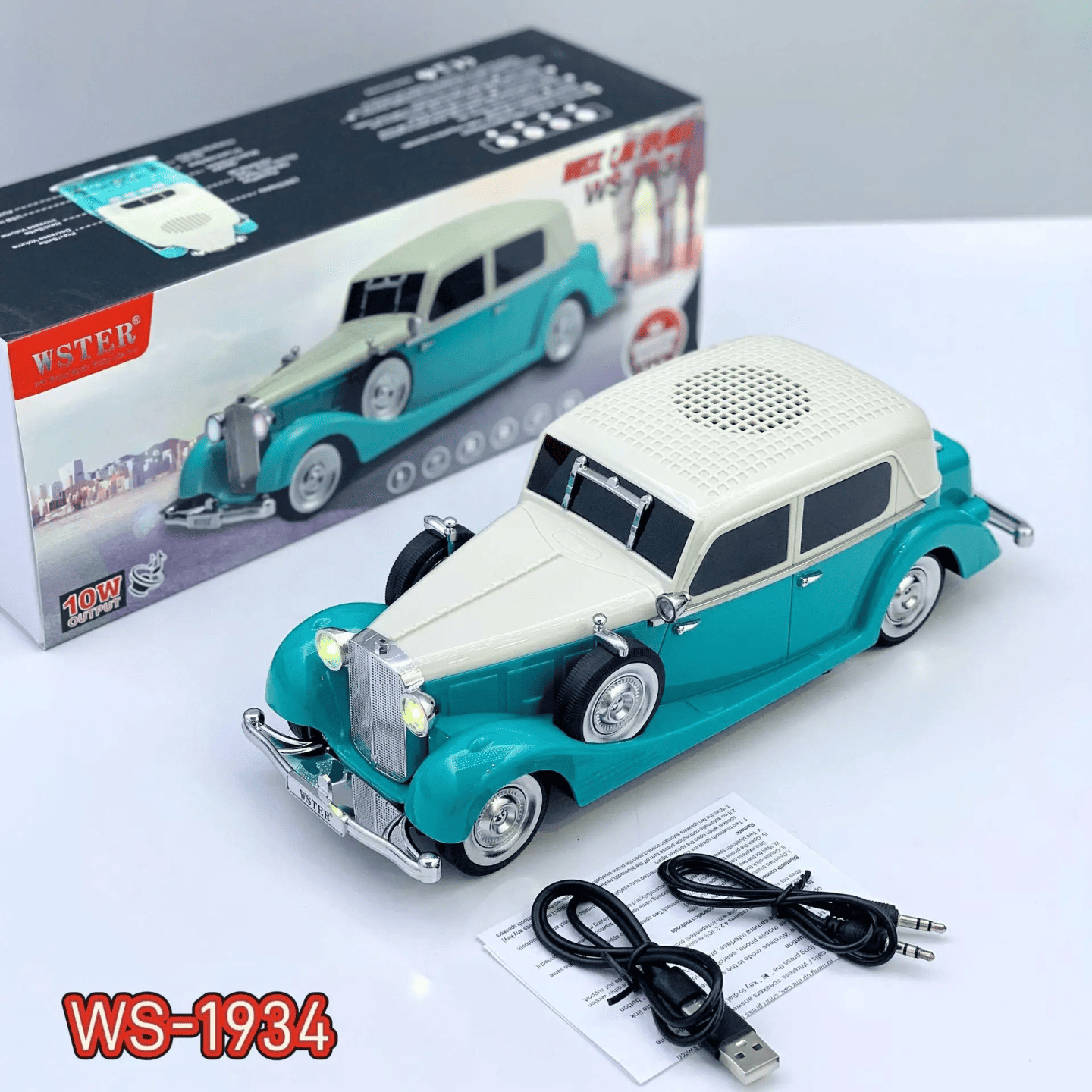 Retro bluetooth zvučnik WS-1934 tirkizno-beli sa pakovanjem i kablovima
