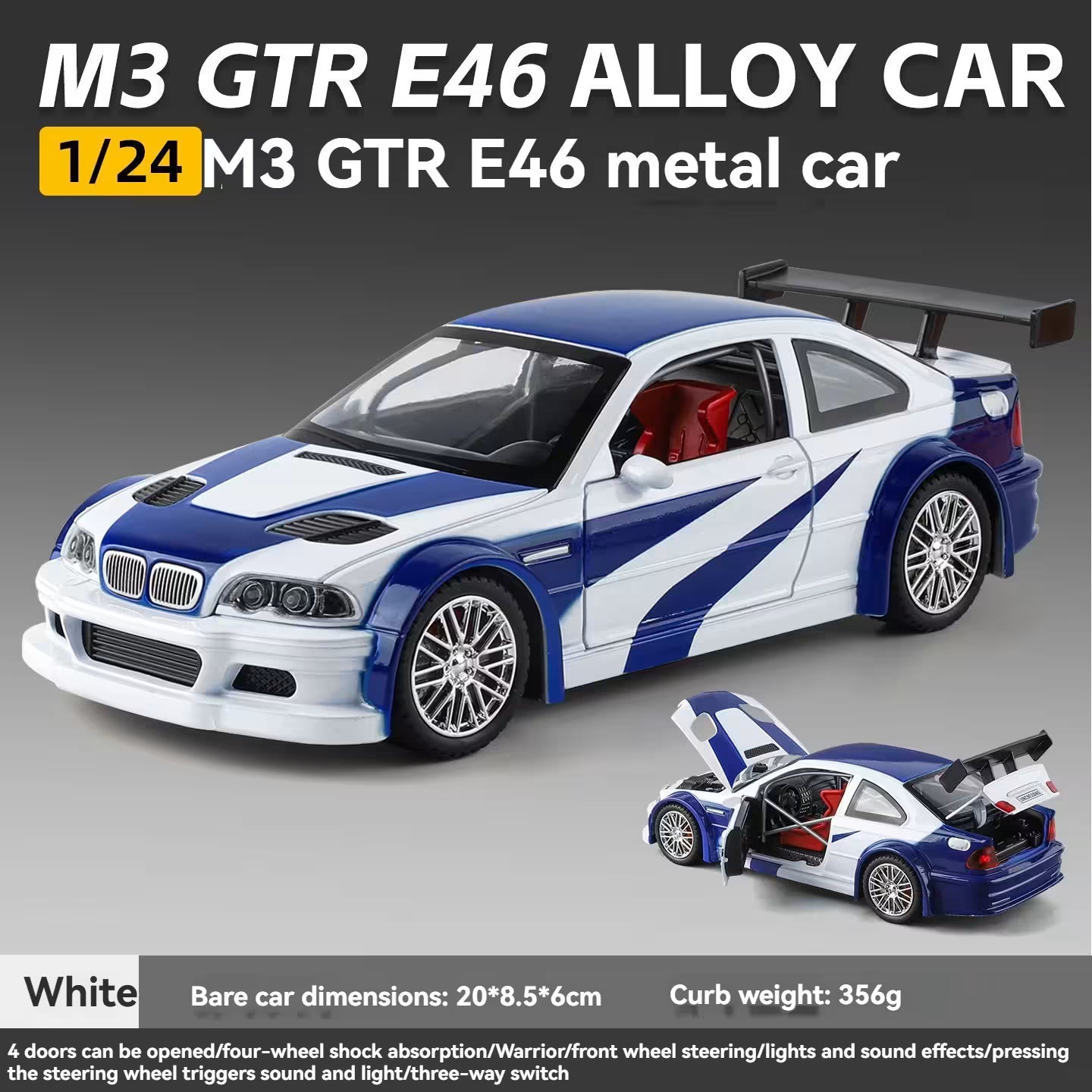 Plavo-beli metalni automobil BMW M3 GTR E46 u razmeri 1:24 sa specifikacijama