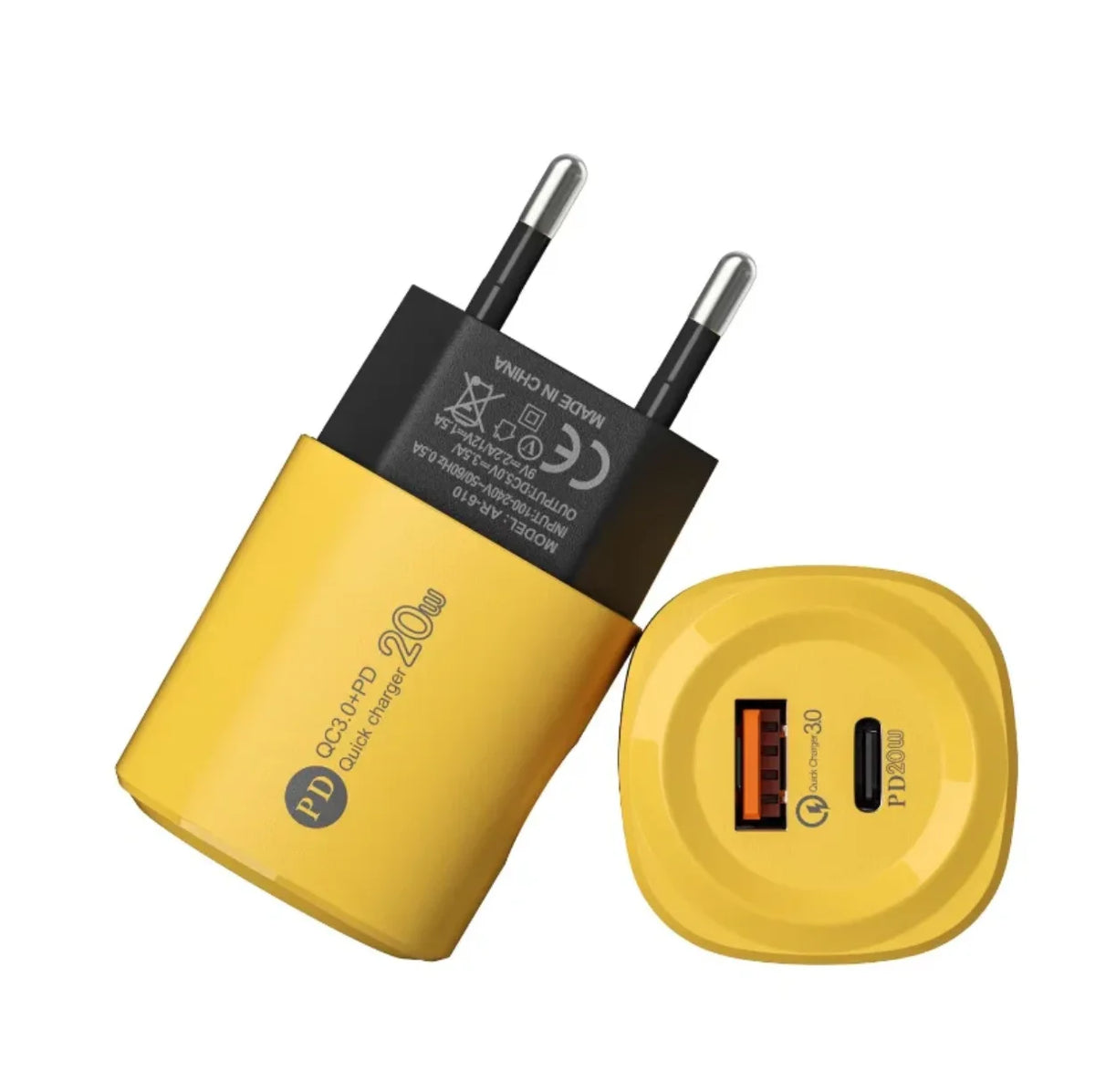 Zuti brzi zidni punjac 20W sa USB i USB C izlazom