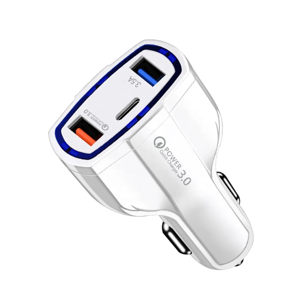 Brzi punjac za auto bele boje sa tri usb ulaza ukljucujuci tip c konektor i podrskom za brzo punjenje