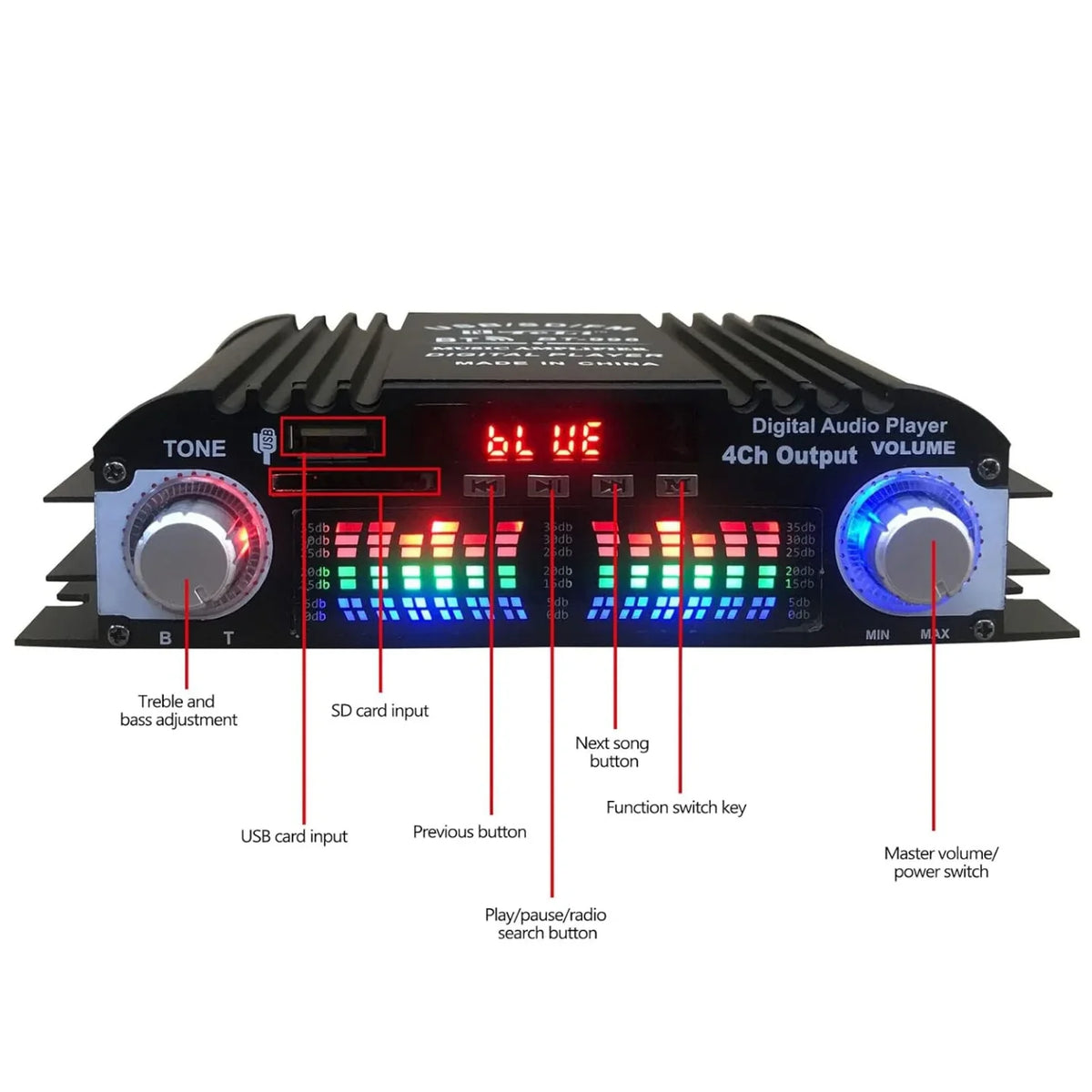 Prednja strana pojacala BT-998 sa USB, SD i kontrolama tona i jacine