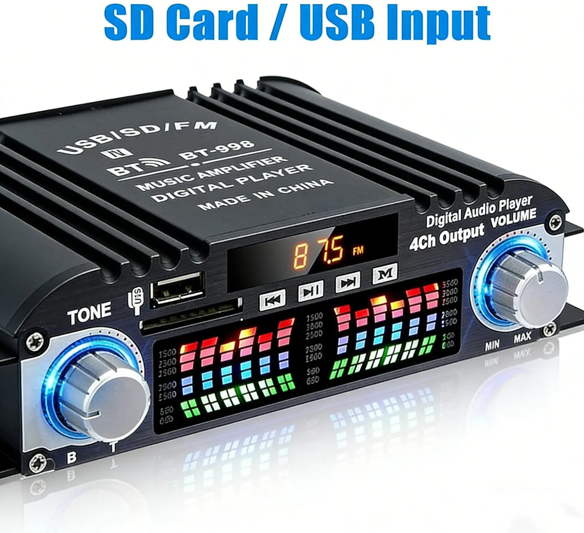 BT-998 pojacalo sa prikazom 87.5 FM i istaknutim SD i USB ulazom