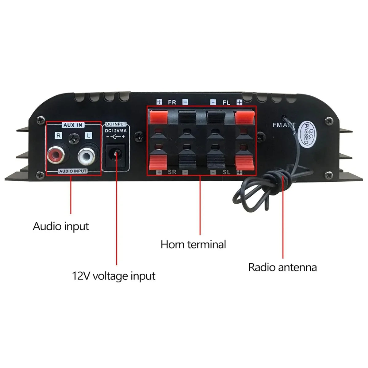 Zadnja strana pojacala BT-998 sa RCA ulazima, 12V napajanjem i prikljuccima za zvucnike