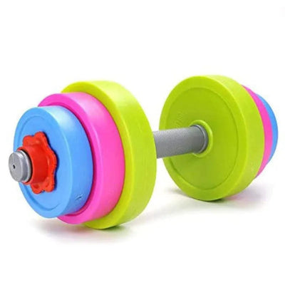 Detalj sarene montazne bucice za decu sa plasticnim tegovima roze plave i zelene boje fitnes igracka