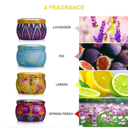 Cetiri razlicita mirisa sveca. Lavanda, smokva, limun, prolece. Aromaticne svece za osvezenje doma. Set mirisnih sveca.