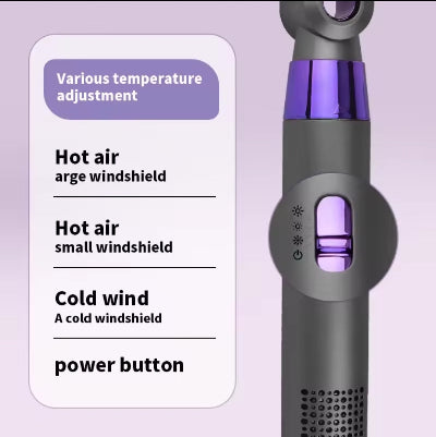 Prikaz dugmeta i opcija za podesavanje temperature i brzine na cetki fenu za kosu. Uredjaj ima opcije za topao, hladan vazduh i podesivu jacinu.
