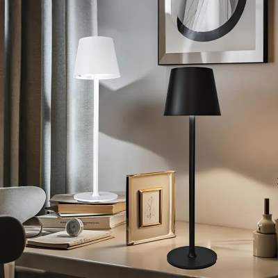 Beli i crni set stone lampe na stolu pored knjiga i slika savrsene za dekoraciju dnevnog boravka ili kancelarije stvara topao ambijent