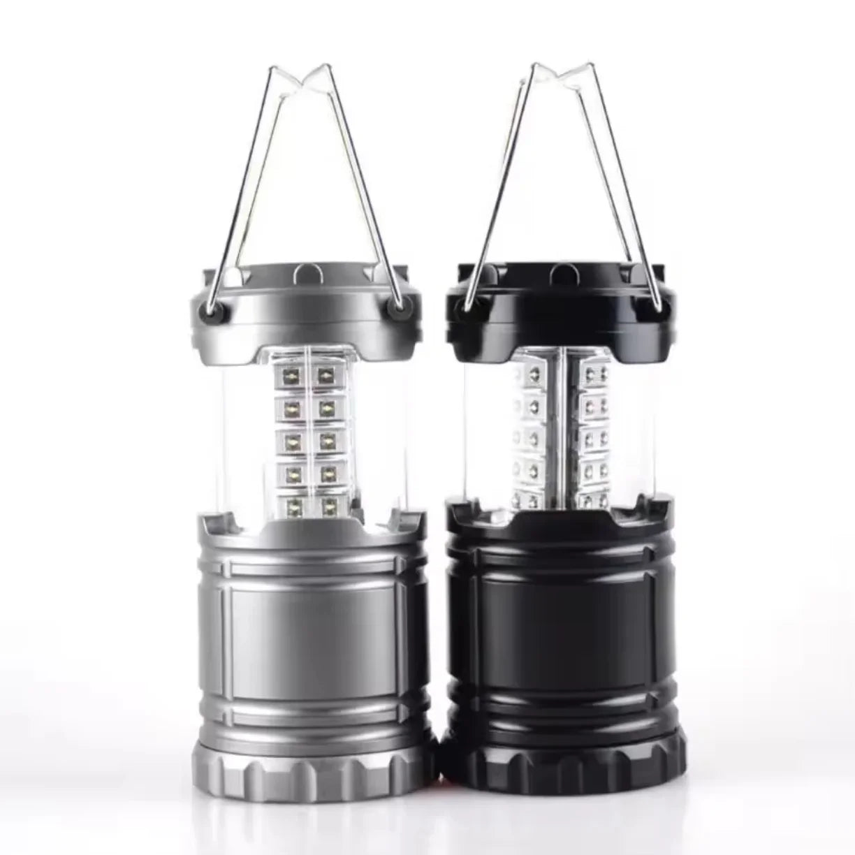 crna i siva kamperska led lampa otvorene