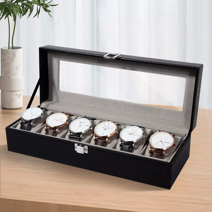 Crna kožna kutija za čuvanje i organizaciju šest ručnih satova. Elegantna kutija sa providnim poklopcem i mekom unutrašnjosti. Idealna za kolekcionare satova. Dostupna online za poručivanje u Srbiji na Azija Shop.