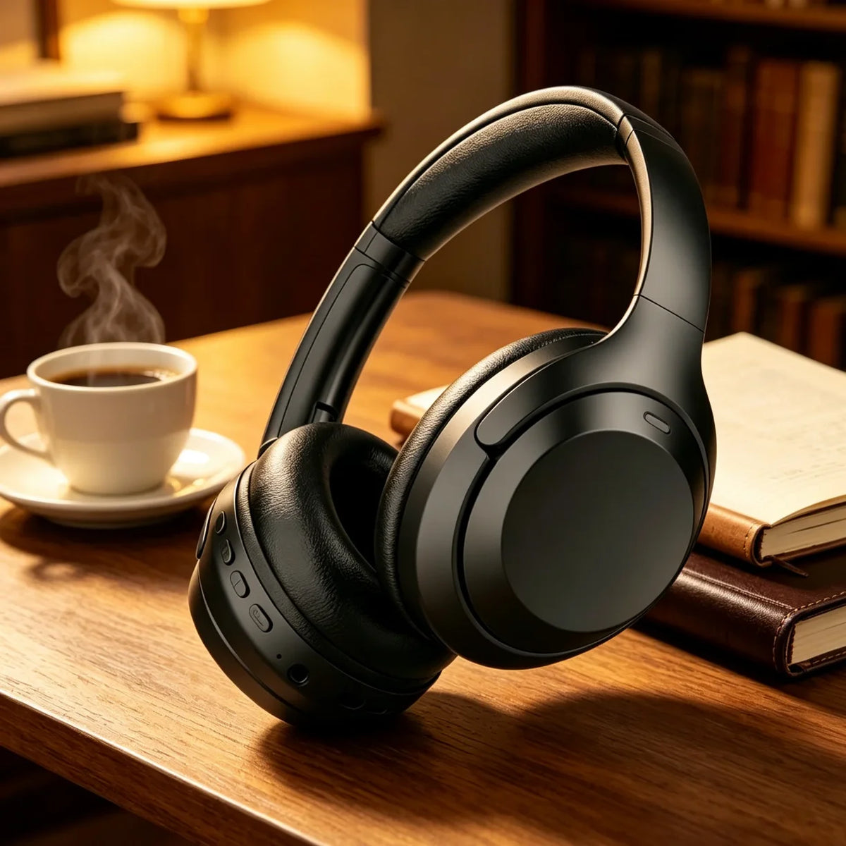Crne bezicne bluetooth slusalice preko usiju na stolu