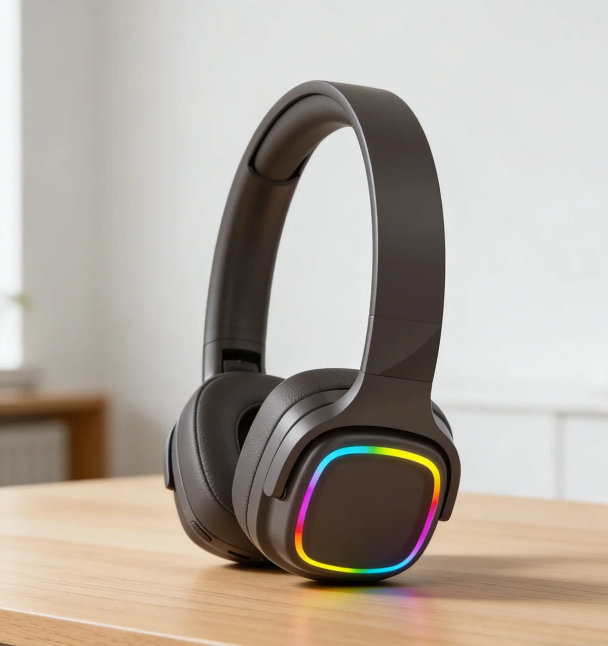 Crne bezicne over ear slusalice sa RGB prstenom na stolu