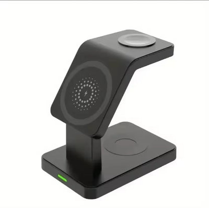 Crni 3 u 1 bezicni punjac za telefon, pametni sat i slusalice. Kompaktan i elegantan dizajn. Prakticno punjenje tri uredjaja istovremeno.