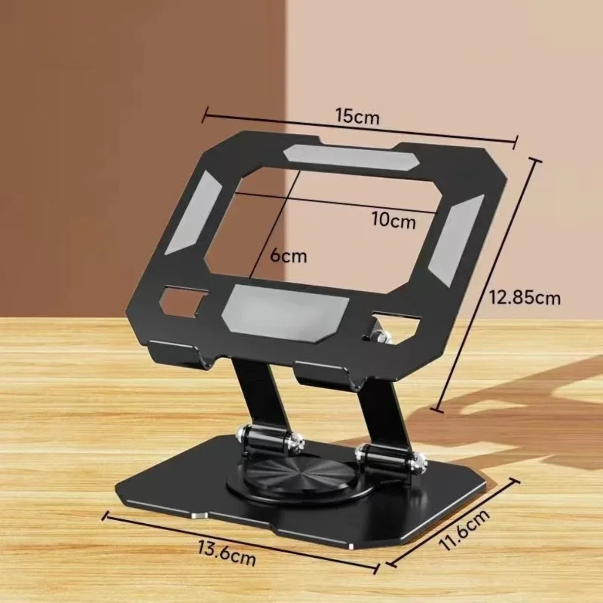 Crni metalni drzac za tablet sa prikazanim dimenzijama u centimetrima